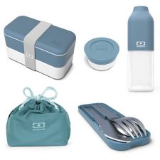Zestaw Denim: Lunchbox Monbento Original + bidon + sztućce + pojemniczek na sosy + ozdobna torebka