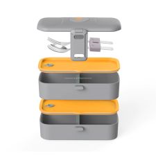 Dwupoziomowy lunchbox z 4 przegródkami i sztućcami w zestawie - Eseasons Dark Grey Orange 1,2 l