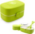 Dwupoziomowy szczelny lunchbox ze sztućcami i dwoma pojemniczkami w zestawie - Eseasons Green White 1 litr