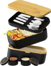 Umami - szczelny bento lunch box XXL 2 l z bambusową pokrywką  + sztućce, przegródki i pojemniczki w zestawie