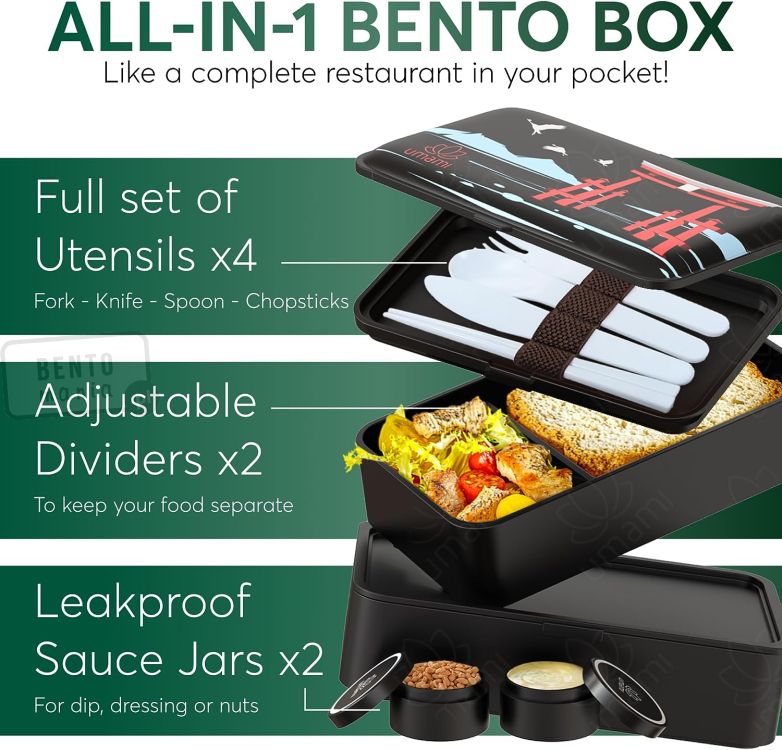 umami bento box ze sztućcami, ruchomymi przegródkami i pojemniczkami w zestawie