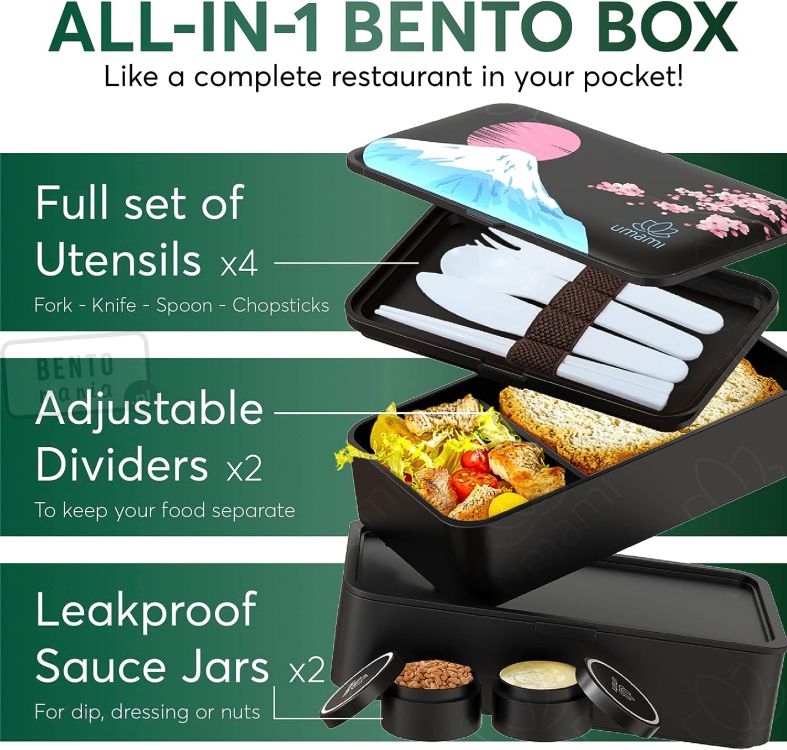 umami bento box ze sztućcami, ruchomymi przegródkami i pojemniczkami w zestawie