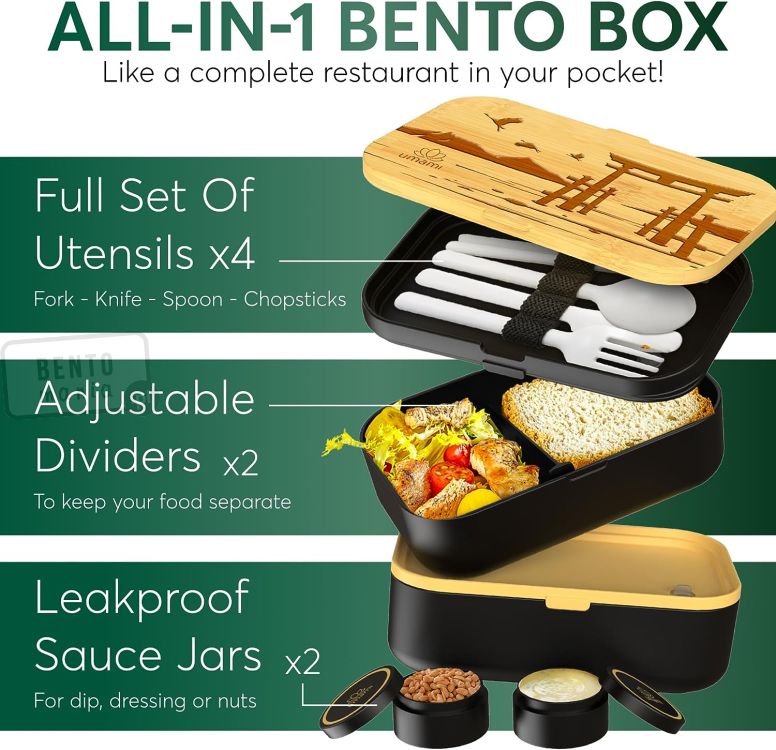 umami bento box ze sztućcami, ruchomymi przegródkami i pojemniczkami w zestawie