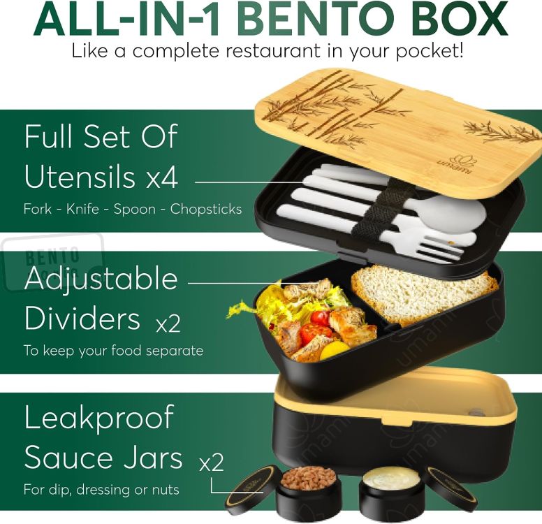 umami bento box ze sztućcami, ruchomymi przegródkami i pojemniczkami w zestawie