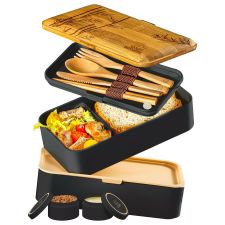 Umami - szczelny bento lunch box 1,2 l z bambusową pokrywką Bamboo Stem + sztućce, przegródki i pojemniczki w zestawie