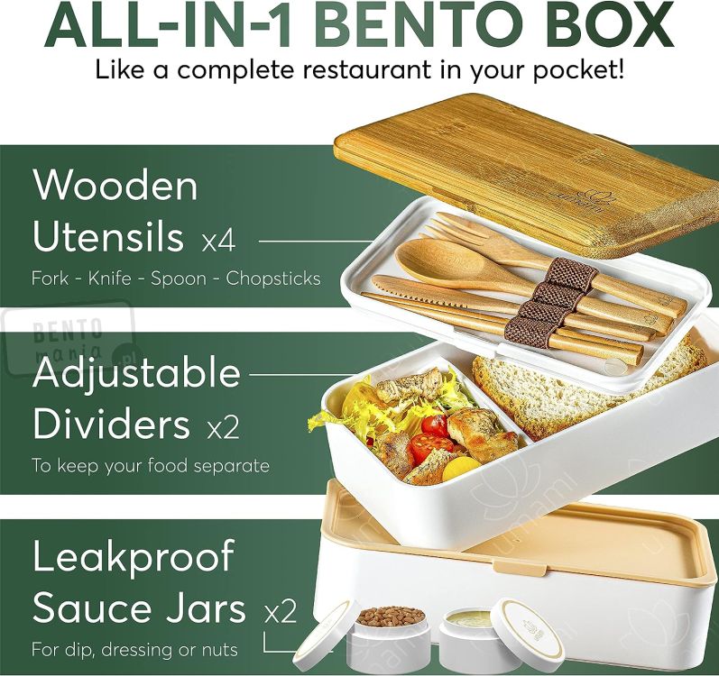 umami bento box ze sztućcami, ruchomymi przegródkami i pojemniczkami w zestawie