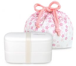 Dwupoziomowy, japoński lunchbox o pojemności 0,8 litra - ozdobna torebka w zestawie