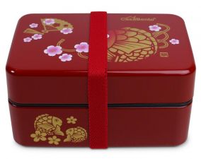 Dwupoziomowy, tradycyjny, japoński bentobox o pojemności 0,8 litra - ręcznie malowany - motyw karpia Koi