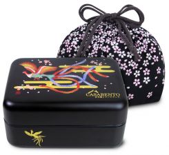 Dwupoziomowy, duży, japoński bentobox o pojemności 1,2 litra + bawełniana torebka - ręcznie malowany - motyw Feniksa