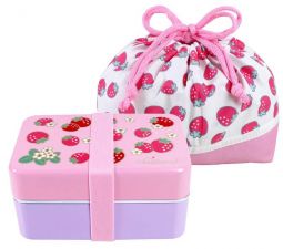 Dwupoziomowy, japoński lunchbox o pojemności 0,8 litra - truskawki - ozdobna torebka w zestawie