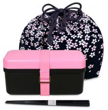 Oryginalny, japoński, czarno-różowy lunchbox o pojemności 0,7 litra - w zestawie pałeczki i torebka