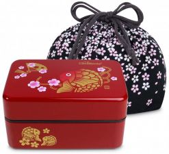 Dwupoziomowy, tradycyjny, japoński bentobox o pojemności 0,8 litra - ręcznie malowany - motyw karpia Koi + torebka Sakura