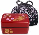 Dwupoziomowy, tradycyjny, japoński bentobox o pojemności 0,8 litra - ręcznie malowany - motyw karpia Koi + torebka Sakura