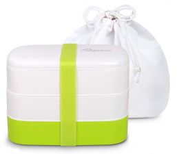 Trzypoziomowy, japoński, biało-zielony lunchbox o pojemności 1,2 litra - torebka w zestawie